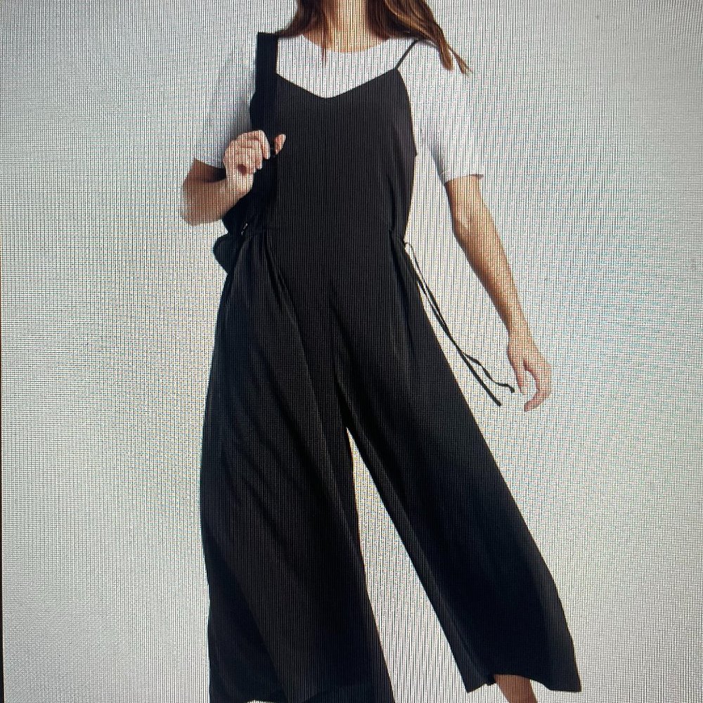 Athleta Sayulita Jumpsuit Romper Travel Pants, wide leg black color side  Size …